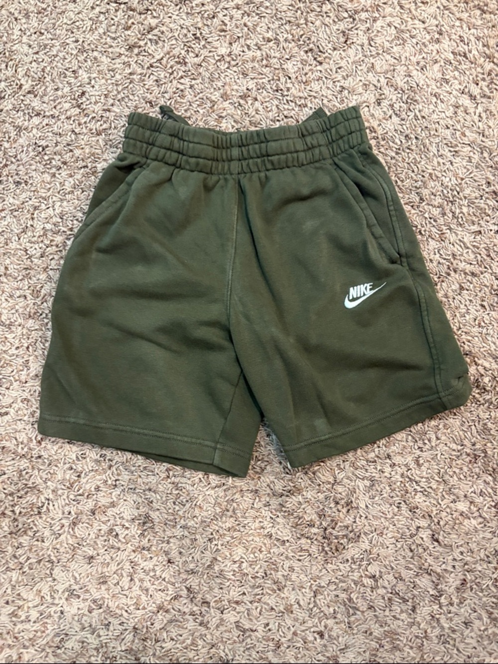 Nike Olive Green Kids Fleece Shorts with White Swoosh